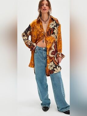 Free People Off The Vine Button Down Golden Boho Butterfly & Floral Shirt